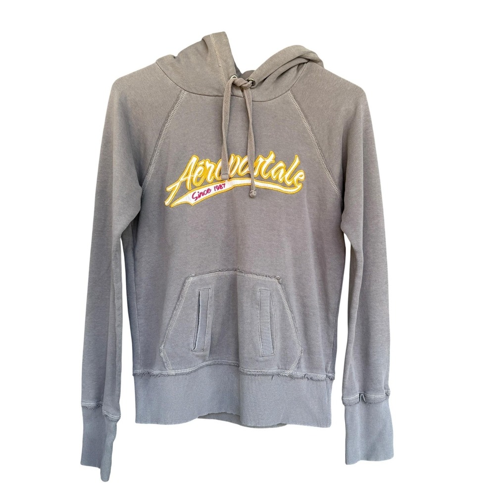 Aeropostale Hoodie Womens Medium Gray Embroidered Logo Fleece Pullover Script